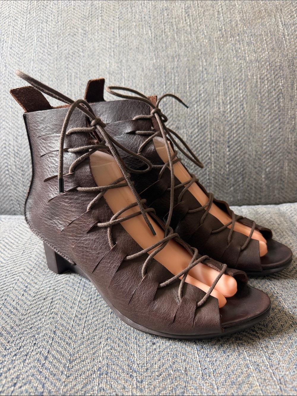 Trippen Stream women’s Brown Leather Lace Up Ankle Strap Booties Size: 39